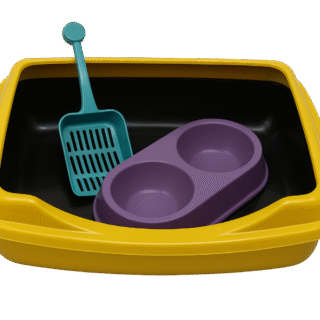 Open Cat Litter Box Set with Scoop and Double Bowl /Colors may vary