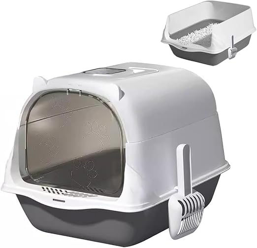 Cat Litter Trays, Cat Litter Tray with Scoop and Anti-Splash Enclosure, Semi-Closed Cat Toilet,